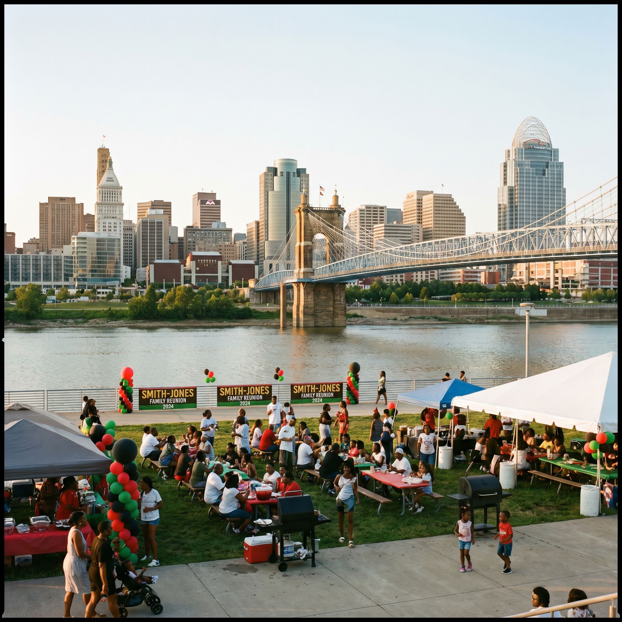 Cincinnati's riverfront parks are a favorite backdrop for family reunions.