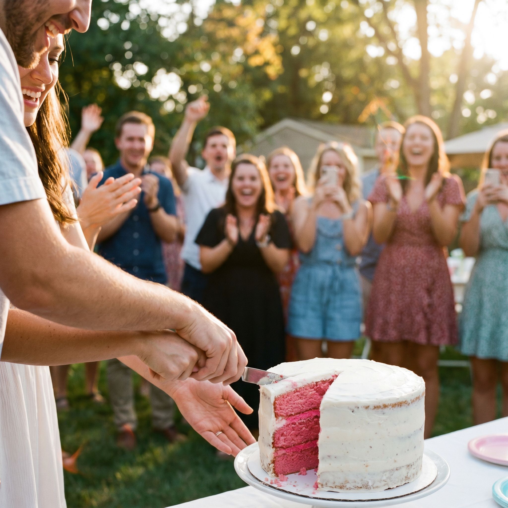 The cake-cutting reveal: simple, sweet, and always gets a great reaction.
