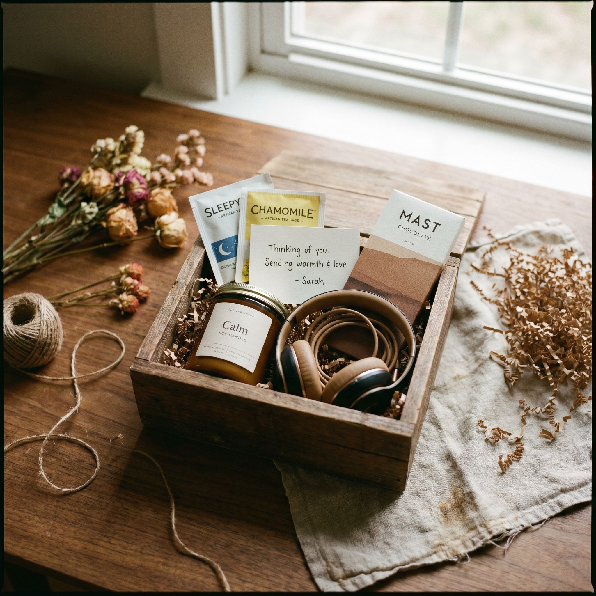 A thoughtful care package combines small comforts with a personal touch.
